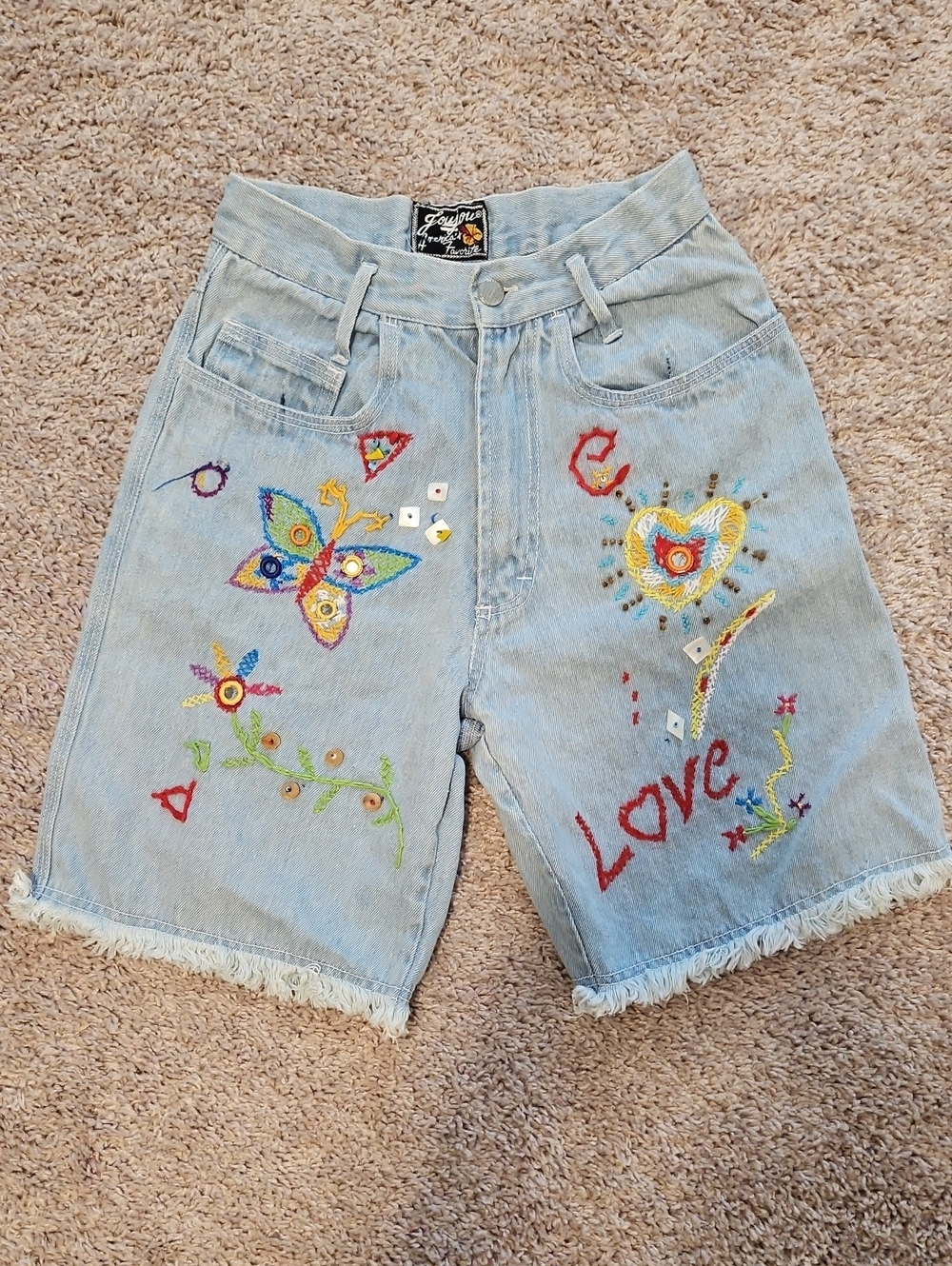 Y2K VTG Jou Jou Light Blue Embroidered Frayed Denim Shorts